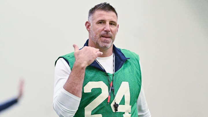 Jun 10, 2025; Foxborough, MA, USA; New England Patriots head coach Mike Vrabel gestures during minicamp held in the WIN Field House at Gillette Stadium. Mandatory Credit: Eric Canha-Imagn Images