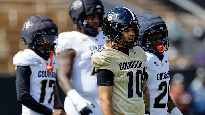 Apr 19, 2025; Boulder, CO, USA; Colorado Buffaloes quarterback Julian Lewis (10) during the spring game at Folsom Field. Apr 19, 2025; Boulder, CO, USA; Colorado Buffaloes quarterback Julian Lewis (10) during the spring game at Folsom Field.