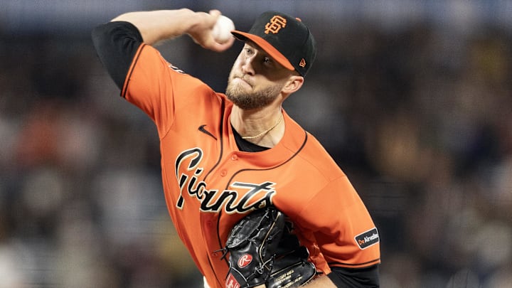 Apr 24, 2026; San Francisco, California, USA; San Francisco Giants pitcher Caleb Kilian (45) delivers a pitch against the Miami Marlins during the eighth inning at Oracle Park. Mandatory Credit: D. Ross Cameron-Imagn Images