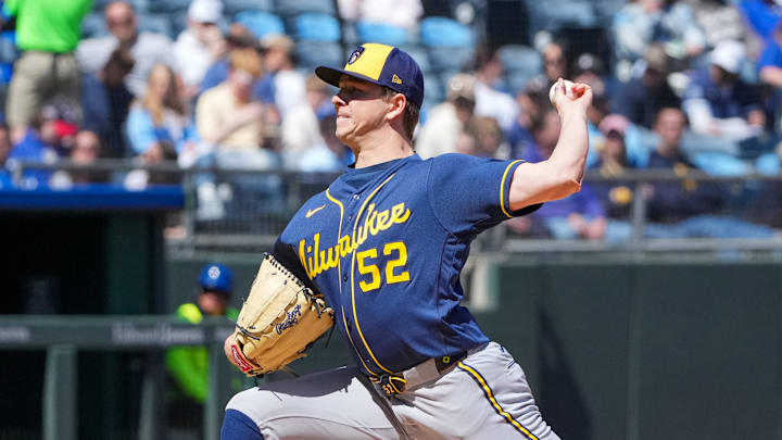 Apr 5, 2026; Kansas City, Missouri, USA; Milwaukee Brewers starting pitcher Kyle Harrison (52) delivers a pitch against the Milwaukee Brewers during the first inning at Kauffman Stadium. Mandatory Credit: Denny Medley-Imagn Images