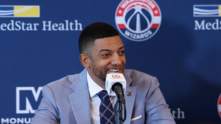Jun 25, 2026; Washington, DC, USA; Washington Wizards general manager Will Dawkins speaks during a press conference for Wizards first round draft pick and number one overall pick AJ Dybantsa (not pictured) at InterContinental Hotel. Mandatory Credit: Amber Searls-Imagn Images Jun 25, 2026; Washington, DC, USA; Washington Wizards general manager Will Dawkins speaks during a press conference for Wizards first round draft pick and number one overall pick AJ Dybantsa (not pictured) at InterContinental Hotel. Mandatory Credit: Amber Searls-Imagn Images