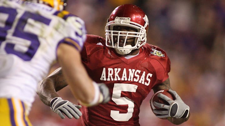 Arkansas Razorbacks tailback Darren McFadden (5) carries against the LSU Tigers in overtime at Tiger Stadium in Baton Rouge, La. Arkansas Razorbacks tailback Darren McFadden (5) carries against the LSU Tigers in overtime at Tiger Stadium in Baton Rouge, La.