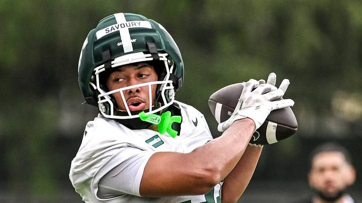 Michigan State tight end Jayden Savoury catches a pass during football practice on Thursday, Aug. 6, 2026, in East Lansing.