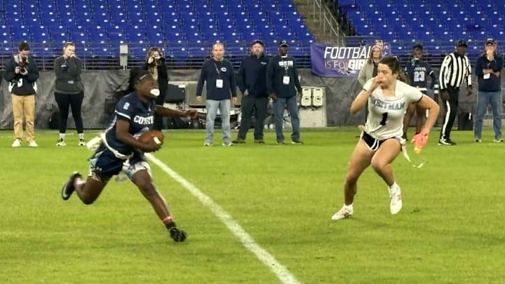 Clarksburg girls flag football quarterback Aysia Jones Robinson in action in the 2025 Maryland 4A-3A state championship game.