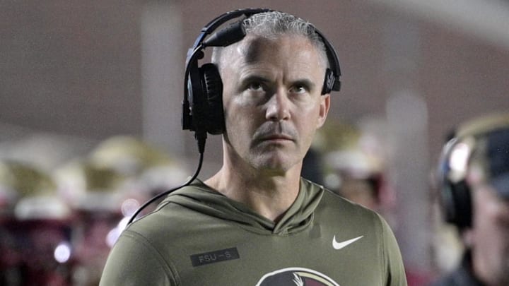 Nov 15, 2025; Tallahassee, Florida, USA; Florida State Seminoles head coach Mike Norvell during the second half against the Virginia Tech Hokies at Doak S. Campbell Stadium. Mandatory Credit: Melina Myers-Imagn Images
