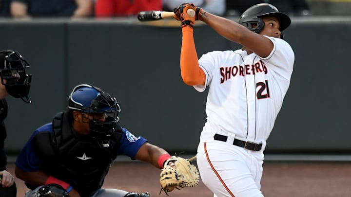 Shorebirds' Samuel Basallo (21) swings in the game against the Cannon Ballers Tuesday, April 11, 2023, at Perdue Stadium in Salisbury, Maryland. The Shorebirds defeated the Cannon Ballers 7-2.

Bbm Delmarva Shorebirds Kannapolis Cannon Ballers