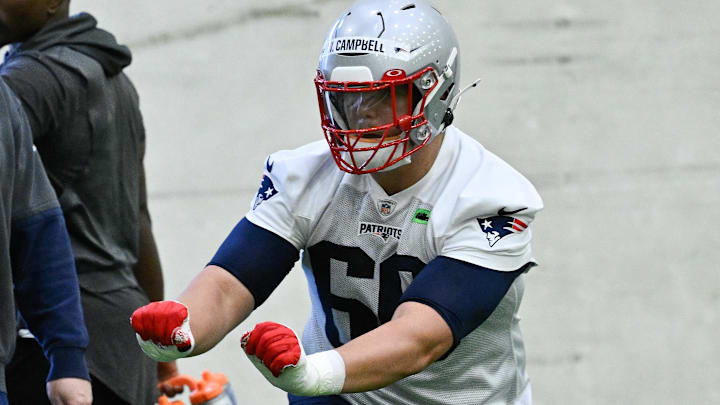 May 9, 2025; Foxborough, MA, USA; New England Patriots offensive tackle Will Campbell (66) practices during rookie camp at Gillette Stadium. Mandatory Credit: Eric Canha-Imagn Images