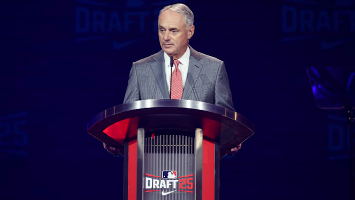 Jul 13, 2025; Atlanta, GA, USA; MLB Commissioner Rob Manfred opens the MLB Draft at The Coca-Cola Roxy. Mandatory Credit: Brett Davis-Imagn Images