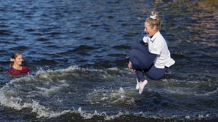 Nelly Korda took the plunge after winning the Chevron in 2024. Nelly Korda took the plunge after winning the Chevron in 2024.