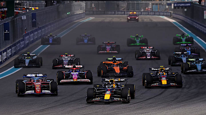 May 4, 2024; Miami Gardens, Florida, USA; Red Bull Racing driver Max Verstappen (1) leads the start of the F1 Sprint Race at Miami International Autodrome. Mandatory Credit: Peter Casey-Imagn Images May 4, 2024; Miami Gardens, Florida, USA; Red Bull Racing driver Max Verstappen (1) leads the start of the F1 Sprint Race at Miami International Autodrome. Mandatory Credit: Peter Casey-Imagn Images