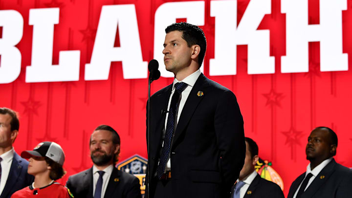 Jun 28, 2023; Nashville, Tennessee, USA; Chicago Blackhawks general manager Kyle Davidson makes the