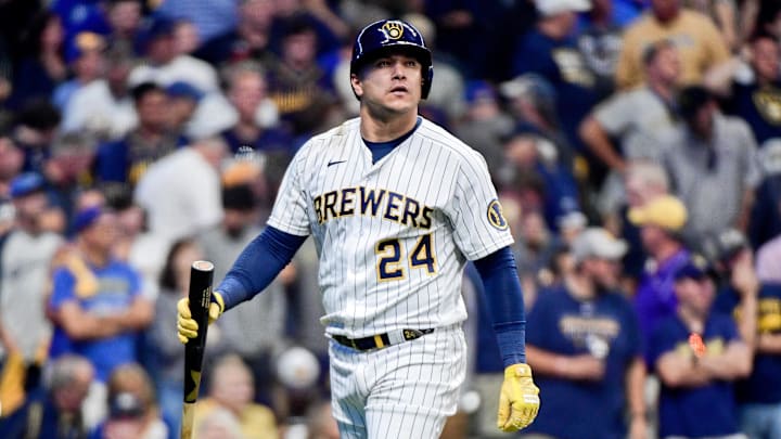 Oct 9, 2021; Milwaukee, Wisconsin, USA; Milwaukee Brewers right fielder Avisail Garcia (24) reacts after striking out against the Atlanta Braves during the eighth inning during game two of the 2021 NLDS at American Family Field. Mandatory Credit: Benny Sieu-Imagn Images Oct 9, 2021; Milwaukee, Wisconsin, USA; Milwaukee Brewers right fielder Avisail Garcia (24) reacts after striking out against the Atlanta Braves during the eighth inning during game two of the 2021 NLDS at American Family Field. Mandatory Credit: Benny Sieu-Imagn Images