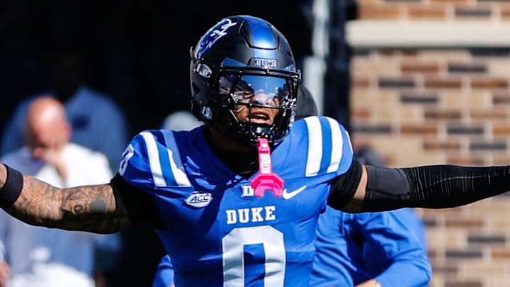Oct 18, 2025; Durham, North Carolina, USA; Duke Blue Devils tight end Chandler Rivers (0) runs out before the first half of the game against Georgia Tech Yellow Jackets at Wallace Wade Stadium. Mandatory Credit: Jaylynn Nash-Imagn Images