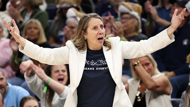 Aug 16, 2025; Minneapolis, Minnesota, USA; Minnesota Lynx head coach Cheryl Reeve reacts during the third quarter against the New York Liberty at Target Center. Mandatory Credit: Matt Krohn-Imagn Images