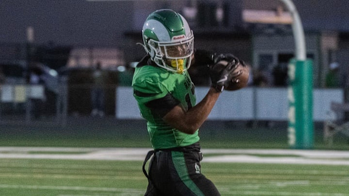 St. Mary’s Osani Gayles catches a pass during a varsity football game against De La Salle at St. Mary’s in Stockton on Sep. 20, 2024. De La Salle won 38-35.
