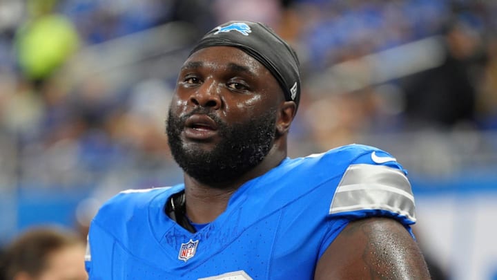 Detroit Lions nose tackle DJ Reader (98) warms up before the NFL game against the Tennessee Titans at Ford Field in Detroit on Oct. 27, 2024.