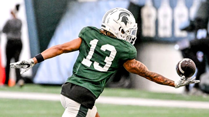 Michigan State receiver Chrishon McCray catches a pass during football practice on Tuesday, April 8, 2025, in East Lansing.