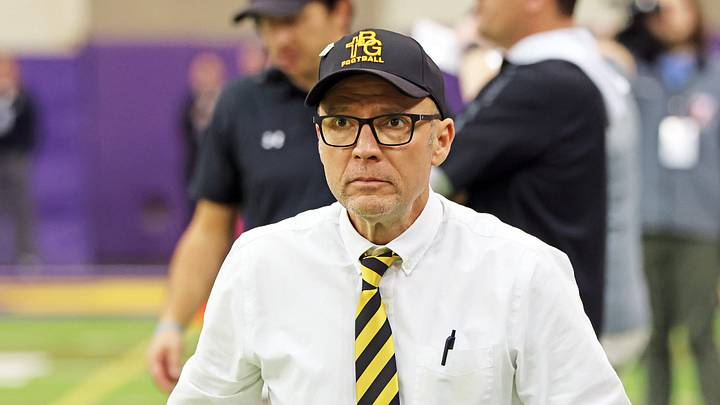 Bishop Garrigan (Algona) Head Coach Marty Wadle patrols the sidelines as the Bishop Garrigan (Algona) Golden Bears compete against the Bedford Bulldogs for the Eight-Player championship on Thursday, November 16, 2023 at the UNI-Dome in Cedar Falls. Bishop Garrigan (Algona) Head Coach Marty Wadle patrols the sidelines as the Bishop Garrigan (Algona) Golden Bears compete against the Bedford Bulldogs for the Eight-Player championship on Thursday, November 16, 2023 at the UNI-Dome in Cedar Falls.