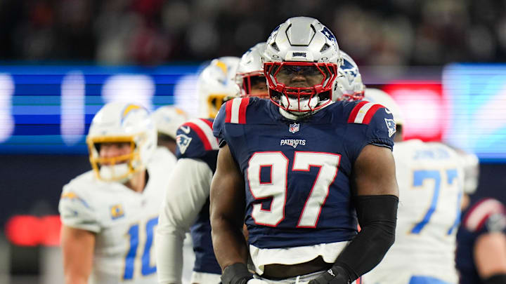 Jan 11, 2026; Foxborough, MA, USA; New England Patriots defensive end Milton Williams (97) celebrates a sack during the second quarter against the Los Angeles Chargers in an AFC Wild Card Round game at Gillette Stadium. Mandatory Credit: David Butler II-Imagn Images Jan 11, 2026; Foxborough, MA, USA; New England Patriots defensive end Milton Williams (97) celebrates a sack during the second quarter against the Los Angeles Chargers in an AFC Wild Card Round game at Gillette Stadium. Mandatory Credit: David Butler II-Imagn Images