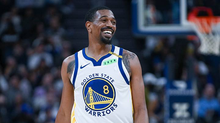 Oct 6, 2026; San Francisco, California, USA;  Golden State Warriors guard De'anthony Melton (8) smiles during the third quarter of the game against the Los Angeles Lakers at Chase Center.  Mandatory Credit: Ed Szczepanski-Imagn Images