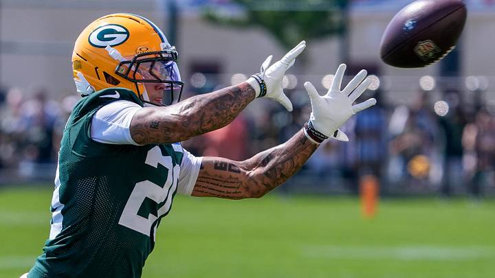 Green Bay Packers cornerback Domani Jackson (20) runs through a drill during practice on Sunday, Aug. 2. Green Bay Packers cornerback Domani Jackson (20) runs through a drill during practice on Sunday, Aug. 2.