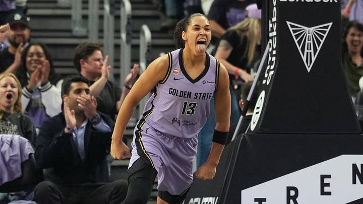 May 10, 2026; San Francisco, California, USA; Golden State Valkyries forward Janelle Salaun (13) reacts after scoring against the Phoenix Mercury during the second quarter at Chase Center. Mandatory Credit: Darren Yamashita-Imagn Images