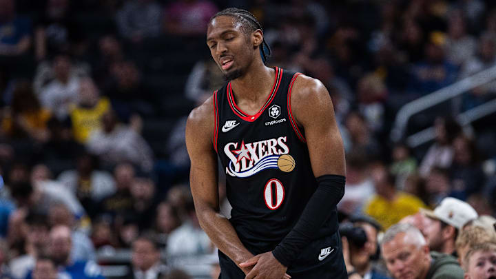 Apr 10, 2026; Indianapolis, Indiana, USA; Philadelphia 76ers guard Tyrese Maxey (0) in the second half against the Indiana Pacers at Gainbridge Fieldhouse. Mandatory Credit: Trevor Ruszkowski-Imagn Images
