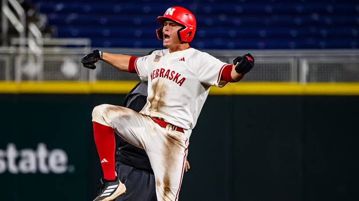 Case Sanderson celebrates an RBI double to give Nebraska the lead. Case Sanderson celebrates an RBI double to give Nebraska the lead.