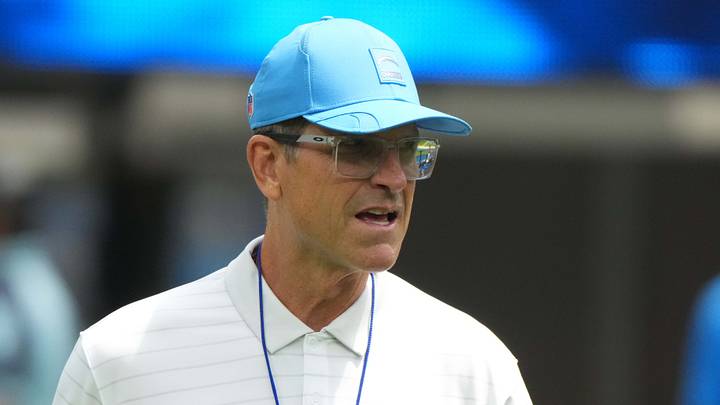Aug 10, 2025; Inglewood, California, USA; Los Angeles Chargers head coach Jim Harbaugh reacts during the game against he New Orleans Saints at SoFi Stadium. Mandatory Credit: Kirby Lee-Imagn Images