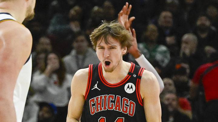 Jan 27, 2025; Chicago, Illinois, USA; Chicago Bulls forward Matas Buzelis (14) reacts after a dunk against the Denver Nuggets during the second half at the United Center. Mandatory Credit: Matt Marton-Imagn Images