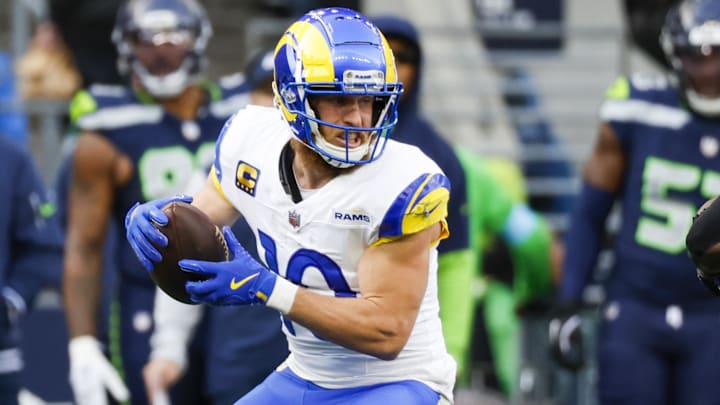 Nov 3, 2024; Seattle, Washington, USA; Los Angeles Rams wide receiver Cooper Kupp (10) catches a pass against the Seattle Seahawks during the first quarter at Lumen Field. Mandatory Credit: Joe Nicholson-Imagn Images