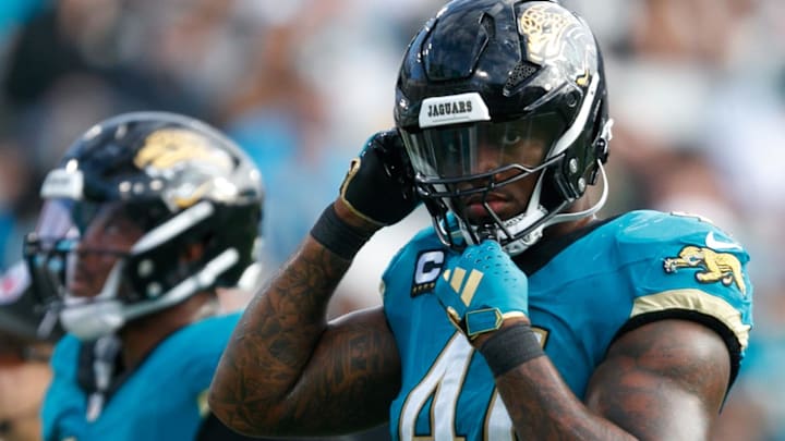Dec 15, 2024; Jacksonville, Florida, USA; Jacksonville Jaguars defensive end Josh Hines-Allen (41) prepares for the snap against the New York Jets during the third quarter at EverBank Stadium. Mandatory Credit: Morgan Tencza-Imagn Images