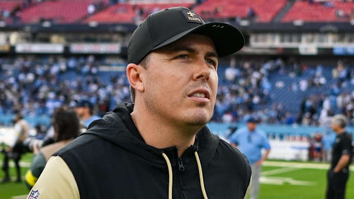 Dec 28, 2025; Nashville, Tennessee, USA;  New Orleans Saints head coach Kellen Moore leaves the field against the Tennessee Titans during the second half at Nissan Stadium. Mandatory Credit: Steve Roberts-Imagn Images
