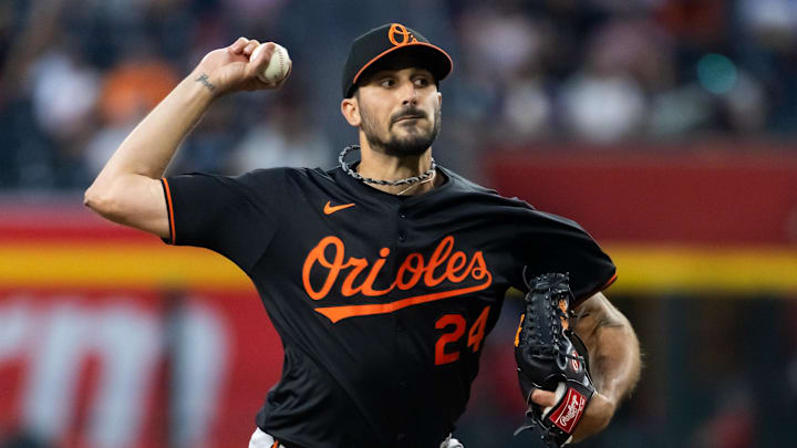 Apr 7, 2025; Phoenix, Arizona, USA; Baltimore Orioles pitcher Zach Eflin in the first inning against the Arizona Diamondbacks at Chase Field. 