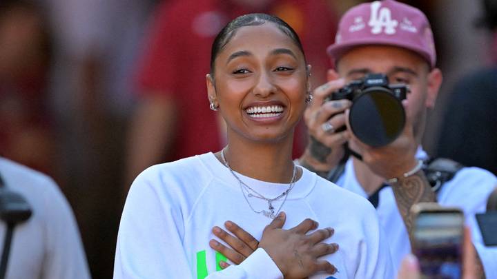 Los Angeles, California, USA; USC Trojans basketball player JuJu Watkins was on hand as she was named the tunnel captain the the game against the Michigan Wolverines at United Airlines Field at the Los Angeles Memorial Coliseum on October 11, 2025. Los Angeles, California, USA; USC Trojans basketball player JuJu Watkins was on hand as she was named the tunnel captain the the game against the Michigan Wolverines at United Airlines Field at the Los Angeles Memorial Coliseum on October 11, 2025.