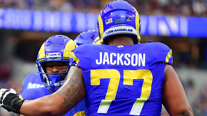Dec 17, 2023; Inglewood, California, USA; Los Angeles Rams running back Kyren Williams (23) celebrates his touchdown scored against the Washington Commanders with offensive tackle Alaric Jackson (77) during the first half at SoFi Stadium. Mandatory Credit: Gary A. Vasquez-Imagn Images Dec 17, 2023; Inglewood, California, USA; Los Angeles Rams running back Kyren Williams (23) celebrates his touchdown scored against the Washington Commanders with offensive tackle Alaric Jackson (77) during the first half at SoFi Stadium. Mandatory Credit: Gary A. Vasquez-Imagn Images