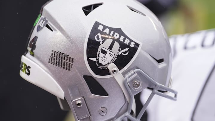 Dec 25, 2023; Kansas City, Missouri, USA; A general view of a Las Vegas Raiders helmet against the Kansas City Chiefs prior to a game at GEHA Field at Arrowhead Stadium. Mandatory Credit: Denny Medley-Imagn Images