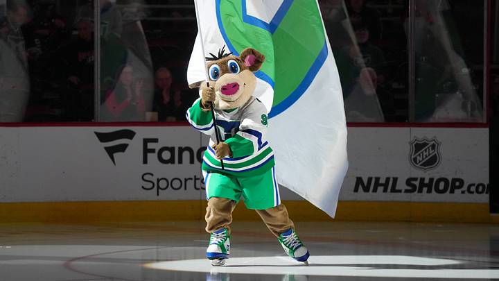 Jan 29, 2026; Raleigh, North Carolina, USA; Carolina Hurricanes mascot Stormy comes out onto the ice before the start of the game against the Utah Mammoth at Lenovo Center. Mandatory Credit: James Guillory-Imagn Images