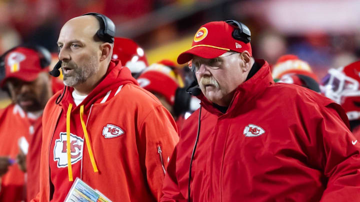 Jan 26, 2025; Kansas City, MO, USA; Kansas City Chiefs offensive coordinator Matt Nagy (left) and head coach Andy Reid against the Buffalo Bills during the AFC Championship game at GEHA Field at Arrowhead Stadium. Mandatory Credit: Mark J. Rebilas-Imagn Images