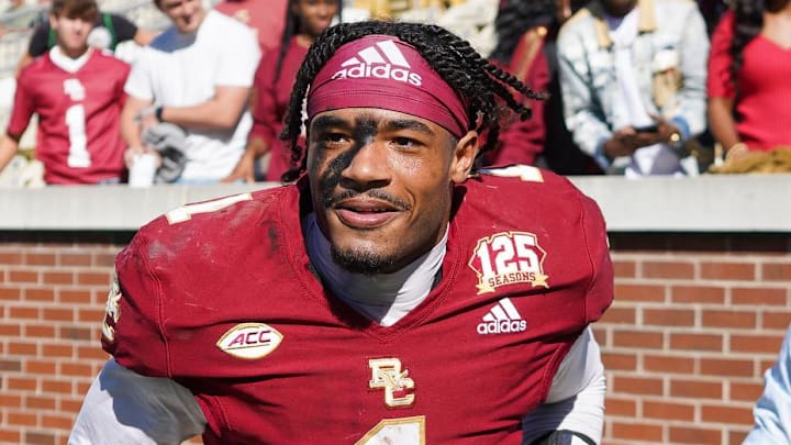 Oct 21, 2023; Atlanta, Georgia, USA; Boston College Eagles quarterback Thomas Castellanos (1) celebrates after a victory against the Georgia Tech Yellow Jackets at Bobby Dodd Stadium at Hyundai Field. Mandatory Credit: Brett Davis-Imagn Images