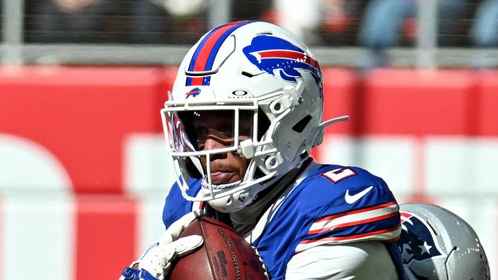 Oct 4, 2026; Orchard Park, New York, USA;  Buffalo Bills wide receiver DJ Moore #2 runs after making a catch during the first quarter against the New England Patriots at New Highmark Stadium.  Mandatory Credit: Mark Konezny-Imagn Images