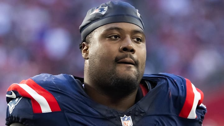 Dec 15, 2024; Glendale, Arizona, USA; New England Patriots defensive tackle Christian Barmore (90) against the Arizona Cardinals at State Farm Stadium.