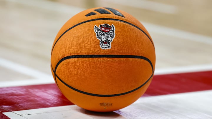Jan 17, 2026; Raleigh, North Carolina, USA; NC State Wolfpack ball during the second half of the game against the Georgia Tech Yellow Jackets at the Lenovo Center. Mandatory Credit: Jaylynn Nash-Imagn Images