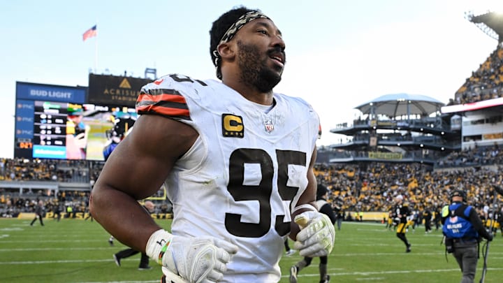 Dec 8, 2024; Pittsburgh, Pennsylvania, USA; Cleveland Browns defensive end Myles Garrett (95) leaves the field following  a game against the Pittsburgh Steelers at Acrisure Stadium. Mandatory Credit: Barry Reeger-Imagn Images