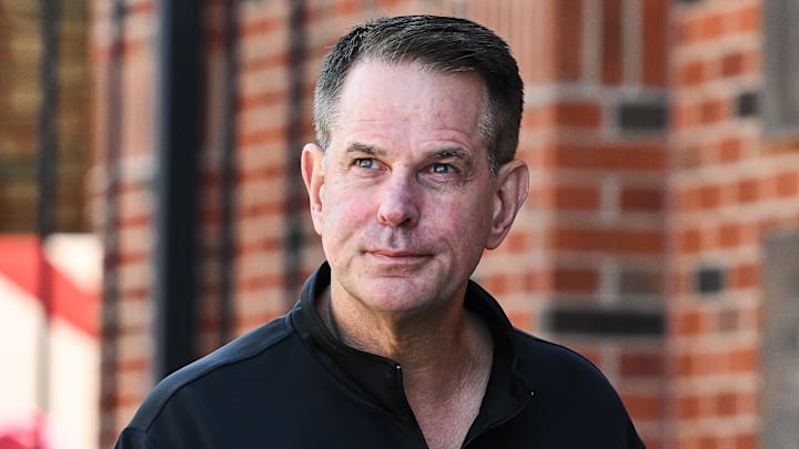 Sep 27, 2025; Iowa City, Iowa, USA; Indiana Hoosiers head coach Curt Cignetti enters Kinnick Stadium before the game against the Iowa Hawkeyes. Mandatory Credit: Jeffrey Becker-Imagn Images