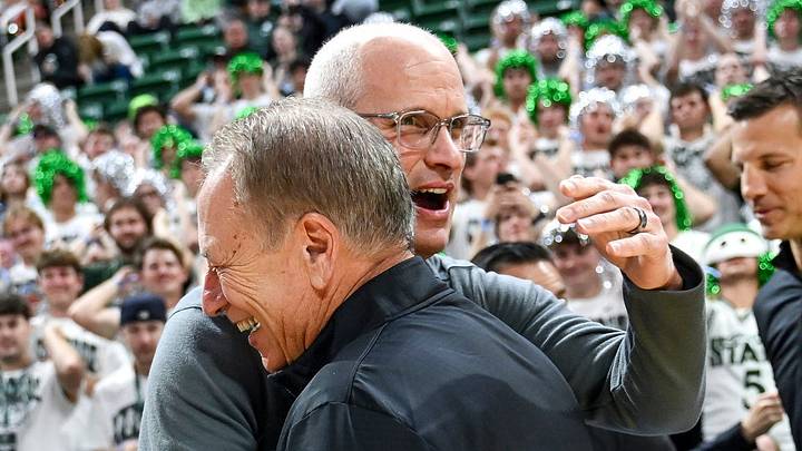 Michigan State’s head coach Tom Izzo, left, and UConn’s head coach Dan Hurley hugs before the exhibition game on Tuesday, Oct. 20, 2026, at the Breslin Center in East Lansing. Michigan State’s head coach Tom Izzo, left, and UConn’s head coach Dan Hurley hugs before the exhibition game on Tuesday, Oct. 20, 2026, at the Breslin Center in East Lansing.