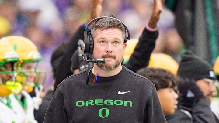 Oregon head coach Dan Lanning walks the sideline as the Oregon Ducks take on the Washington Huskies on Nov. 29, 2025, at Husky Stadium in Seattle, Washington.