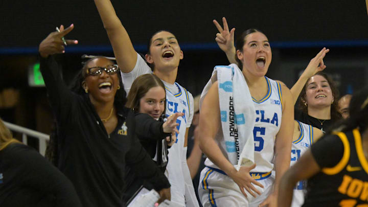 Feb 1, 2026; Los Angeles, California, USA; The UCLA Bruins bench reacts after a three-point basket by forward Angela Dugalic (32) in the second half against the Iowa Hawkeyes at Pauley Pavilion presented by Wescom Financial. Mandatory Credit: Jayne Kamin-Oncea-Imagn Images Feb 1, 2026; Los Angeles, California, USA; The UCLA Bruins bench reacts after a three-point basket by forward Angela Dugalic (32) in the second half against the Iowa Hawkeyes at Pauley Pavilion presented by Wescom Financial. Mandatory Credit: Jayne Kamin-Oncea-Imagn Images