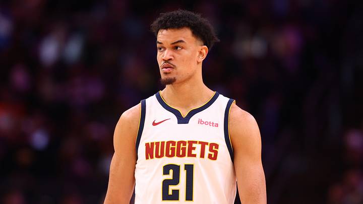 Mar 24, 2026; Phoenix, Arizona, USA; Denver Nuggets forward Spencer Jones (21) against the Phoenix Suns at Mortgage Matchup Center. Mandatory Credit: Mark J. Rebilas-Imagn Images