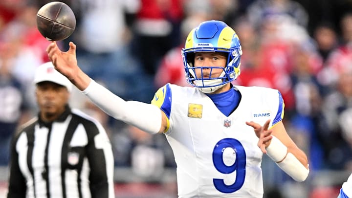 Nov 17, 2024; Foxborough, Massachusetts, USA; Los Angeles Rams quarterback Matthew Stafford (9) throws the ball against the New England Patriots during the second half at Gillette Stadium. Mandatory Credit: Brian Fluharty-Imagn Images